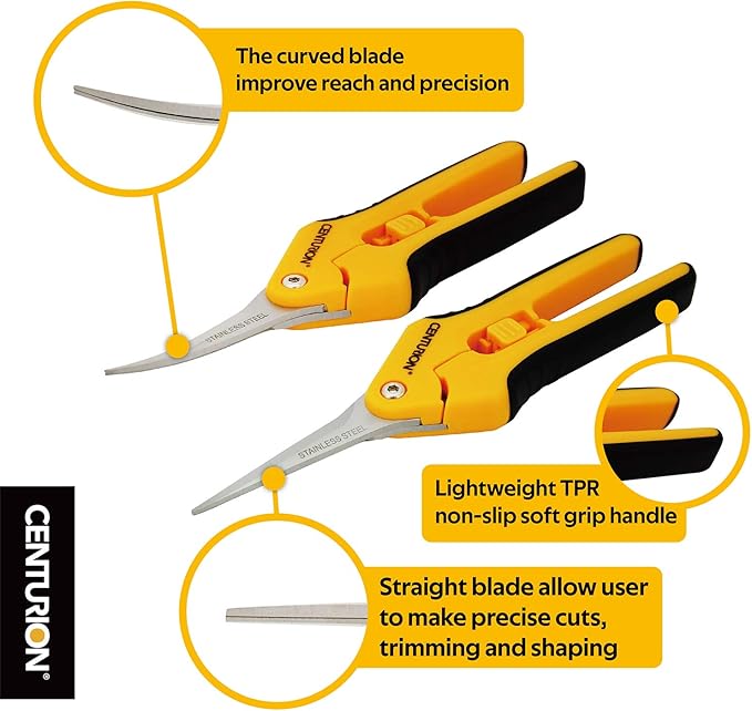 Centurion 201 Hand Pruner Shears, 2-Piece Set, 6½" Straight & Upward Curved Stainless Steel Blades, Hardened & Precision Ground, Ideal for Indoor and Outdoor Gardening, Trimming, and Precision Cutting