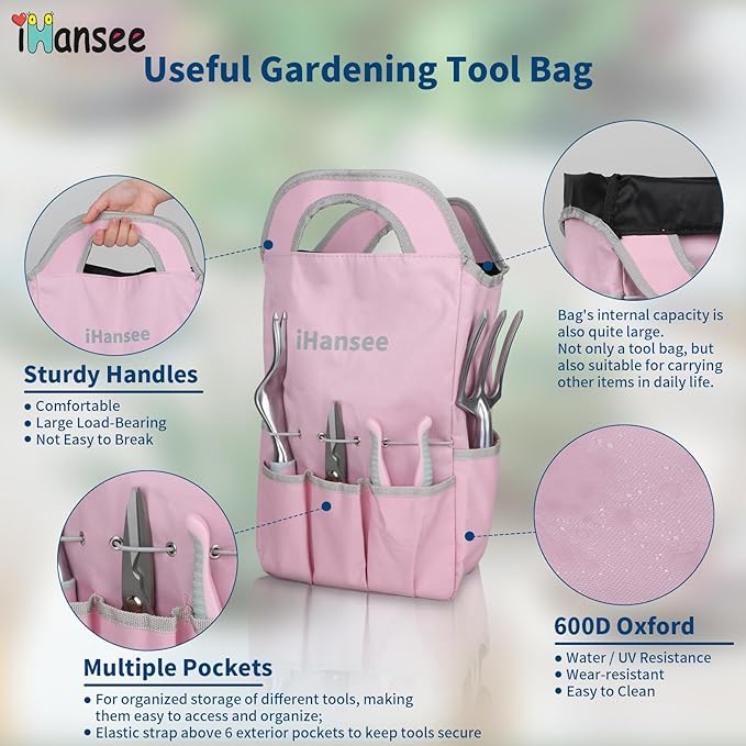 Pink Garden Tool Set 12 Pieces, iHansee Aluminum Gardening Hand Tools with Non-Slip Handle, Kneeling Pad, Apron, Gloves and Organizer Bag, Landscaping Tools - Gift for Women & Garden Enthusiasts