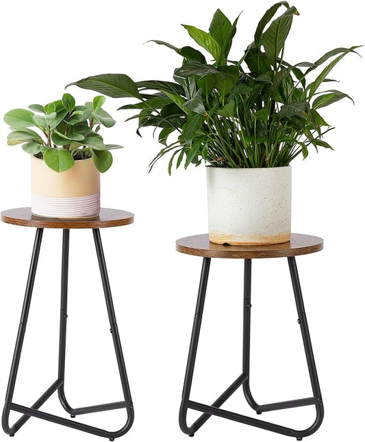 Indoor Plant Stand,Mid Century Wood Stand Plant Table,Modern Plant Stool for Outdoor,Metal Tall Holder for Flower Pots,Small Round Side End Table (Rustic Brown, 19 inch set of 2)
