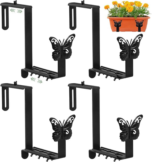 Planter Box Brackets, Adjustable Window Boxes Planters Brackets with Butterfly, Hanging Flower Box Stand Hooks for Deck Railing Pergola Balcony Garden - 4 Pack