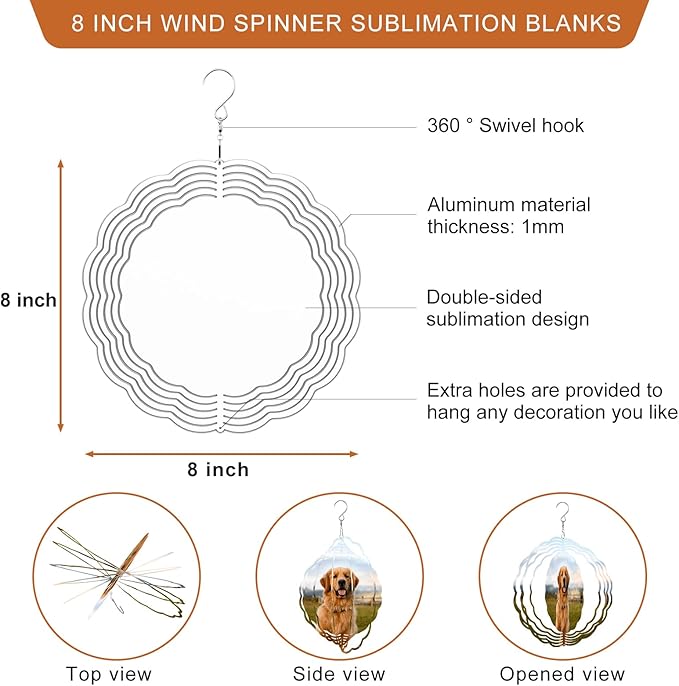 Remiawy Sublimation Wind Spinner Blanks, 8 Inch 5 Pack 3D Aluminum Metal Hanging Wind Spinners Sublimation Blanks Kinetic Sculpture DIY Crafts for Yard Garden Indoor Outdoor Porch Decoration Round