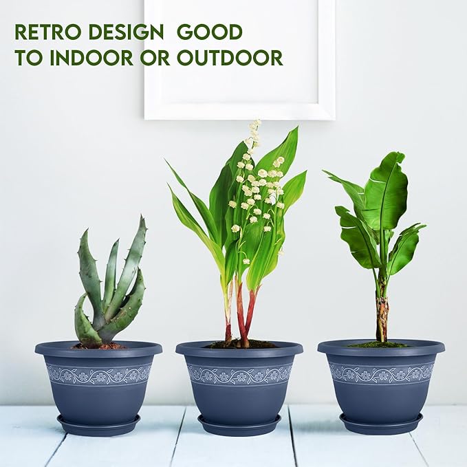 10 Inch Plant Pots with Drainage Hole - Lightweight Flower Pots for Herbs and Flowers - Home Decor Plastic Planters for Indoor Outdoor Plants- Pack of 4 (Blue, 10 inch)