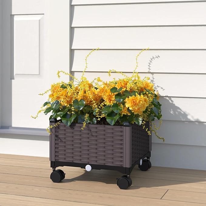 Barton 2 Pieces Rolling Garden Bed Brown Plastic w/Self-Watering Design Outdoor Elevated Planter Box Kit Wheels Mobile