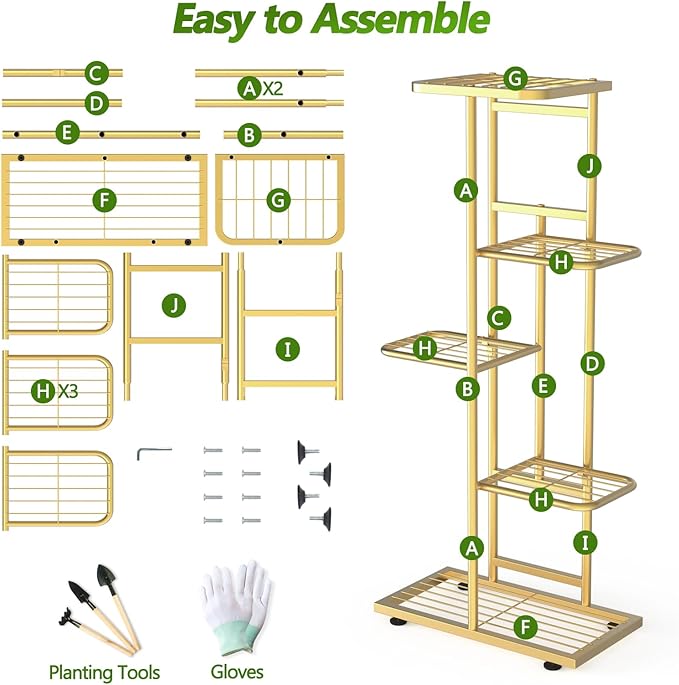 5 Tier 6 Potted Gold Plant Stand Indoor Outdoor with Gardening Tools and Gloves, Upgraded Corner Metal Plant Rack Units Shelf for Multiple Plants, Flower Pot Holder Display for Patio, Balcony, Living