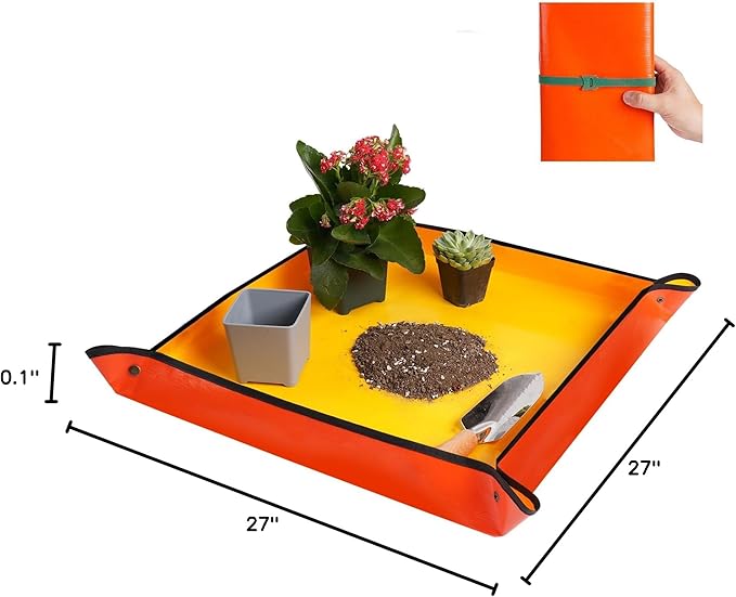 Repotting Mat for Indoor Plant Transplanting and Potting Soil Mess Control Portable Succulent Planting Potting Tray Gardening Gifts for Women Men Plant Lover Gifts (Orange 27" x 27")
