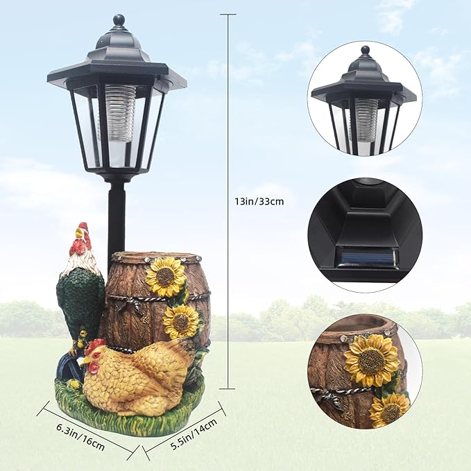 Rooster Statues Outdoor Solar Sculptures with Solar Lights and Flowerpot Funny Garden Decor Animal Figurines Resin Outdoor Statues for Patio Yard Lawn Balcony Grandma Mom Gifts