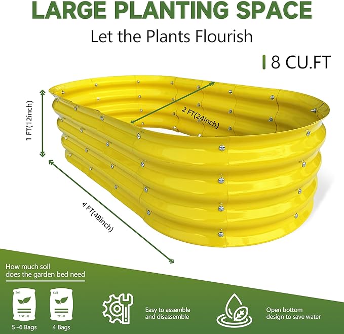 Raised Garden Bed 4x2x1ft Large Galvanized Raised Garden Beds Kit 1Pack Outdoor Yellow Planter Box with Rubber Stripe and Safety Gloves for Vegetables, Fruits, Flowers