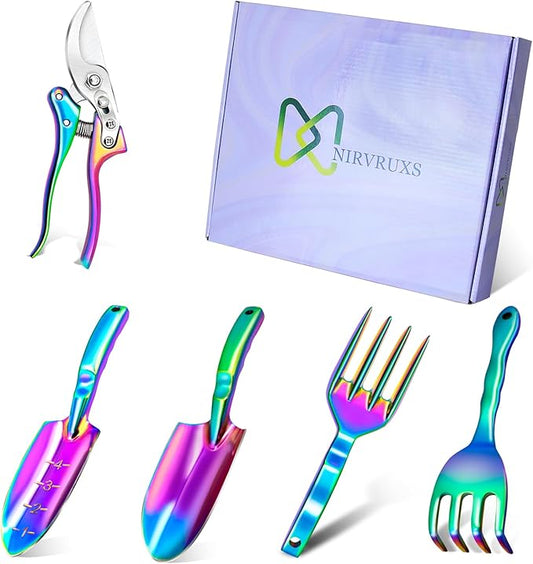 Rainbow Gardening Tool Set, Shovel, Pruning Shears and Hand Fork Gardening Hand toolsgardening Supplies (5 Pieces) Gardening Gifts for Women