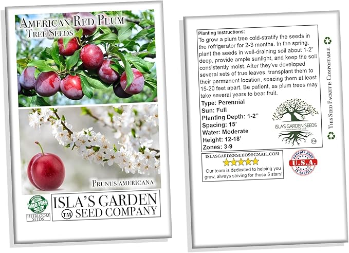 American Red Plum Tree Seeds for Planting, 5 Fruit Seeds Per Packet, (Isla's Garden Seeds), Non GMO & Heirloom Seeds, Botanical Name: Prunus Americana, Great Home Garden Gift