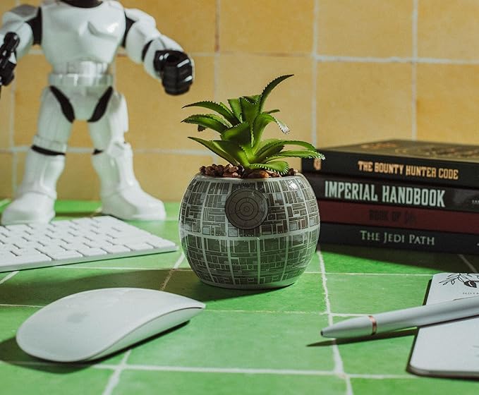 Toynk Star Wars Death Star 3-Inch Ceramic Planter with Artificial Succulent | Cute Small Flower Pot, Faux Indoor Plants