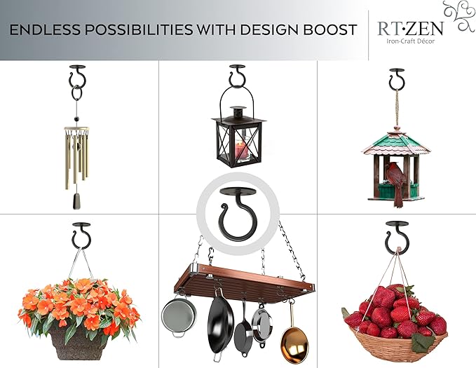 RTZEN Plant Hangers Outdoor or Indoor - Wrought Iron Metal Hanger Indoor Hook - Heavy Duty Wall Bracket Hooks for Hanging Plants Baskets Lanterns Wind Chimes - 2 Pack (Black Ceiling Hooks)