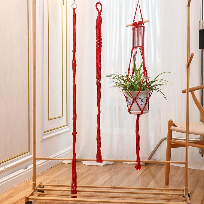 Macrame Plant Hangers Indoor Macrame Hanging Planters for Indoor Plants - 6 Pack Hanging Plant Holders Indoor Hanging, Macromay Plant Hangers for Indoor Plant Hanger, Boho & Home Decor (Red)