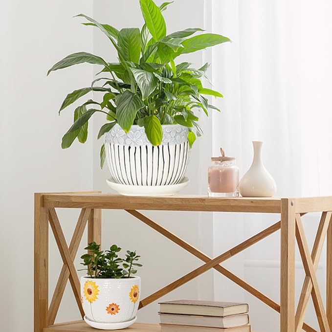 Ceramic Plant Pots Set of 3, 6.75/5.6/4.2 inch Planters with Drainage Holes and Saucer, Flower Pots Outdoor Indoor, Modern Decorative Planters for House Plants Garden Planters Succulent Pots