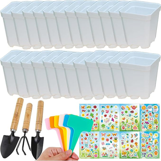 24 Pack Garden Plastic Pot Craft Kit 24 Nursery Pots with 24 Trays 16 Sheet Stickers 24 Labels 3 Tools for Kids Flower Plant Spring Summer Graduation DIY Crafts Painting Gardening Growing Tools White