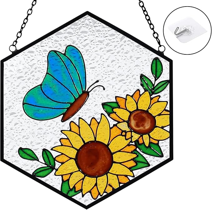 Butterfly Sunflower Stained Glass Suncatchers Windows Hanging Decorative,Hand Paint Sun Sunflower Catchers Indoor Ornaments with Stick Hook,Memorial Gifts for Mom/Women