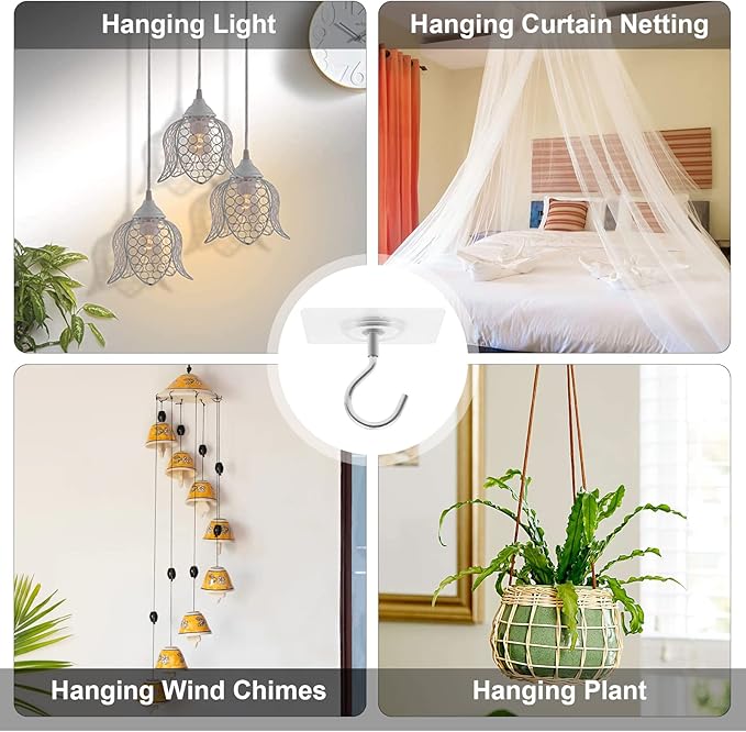 Adhesive Ceiling Hooks,10 Pack No Drill Ceiling Hanging Hook for Hanging Plants Lanterns,Wind Chimes Stainless Steel Outdoor Adhesive Hooks