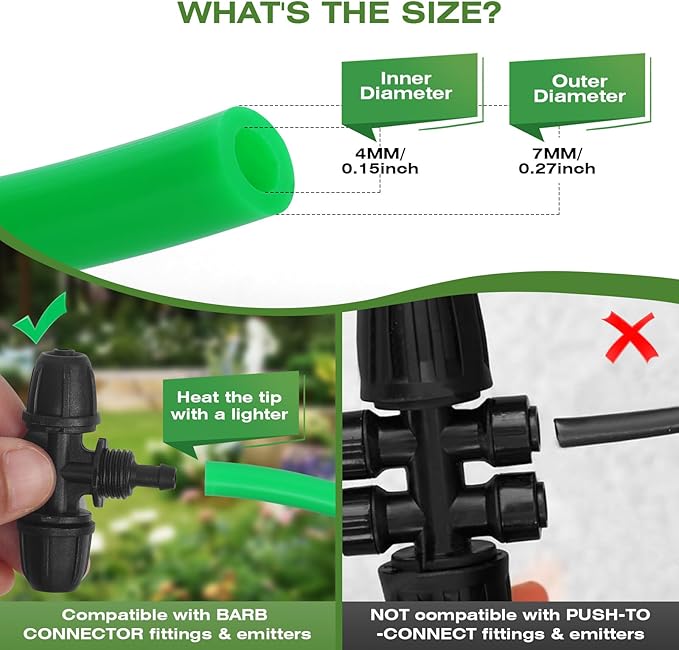 Drip Irrigation Hose 100FT 1/4 inch Green Blank Distribution Hose Perfect for DIY Garden Irrigation Tubing System, Hydroponics, Misting Tubing