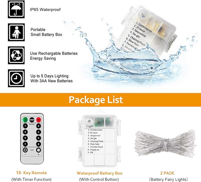 Battery Operated String Lights, 2 Pack With Remote Timer - 8 Modes Waterproof Lights for Bedroom, Garden, Party, Xmas Tree Indoor Outdoor Decorations (Orange, 36)