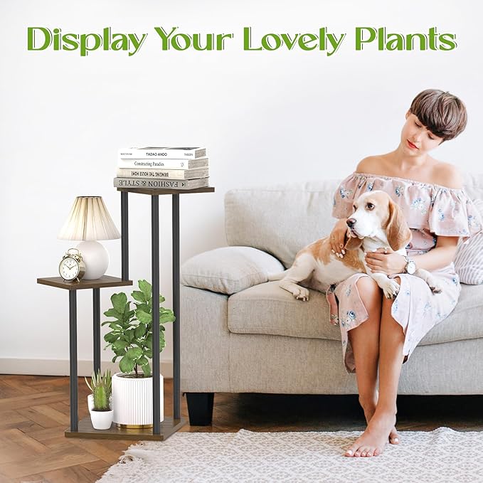 3 Tier Plant Stand Indoor Outdoor, Wood Metal Flower Shelf Pot Holder Clearance, Tall Multiple Plants Corner Rack Aesthetic Organizer for Patio Orchid Office Porch Living Room Garden, Black Oak