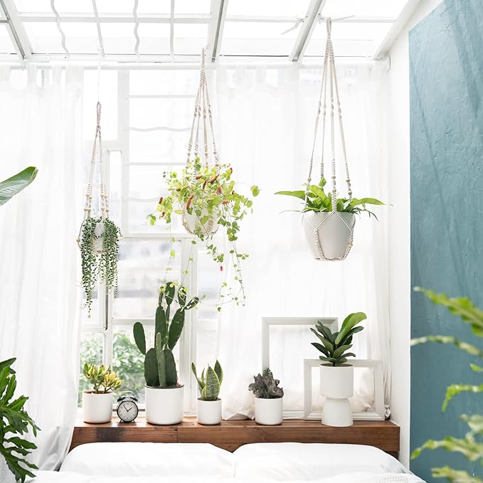 Mkono 3 Pack Macrame Plant Hangers Indoor Different Size Hanging Planter Basket Flower Pot Holder with Beads No Tasselss 43"/35"/29", Large, Ivory