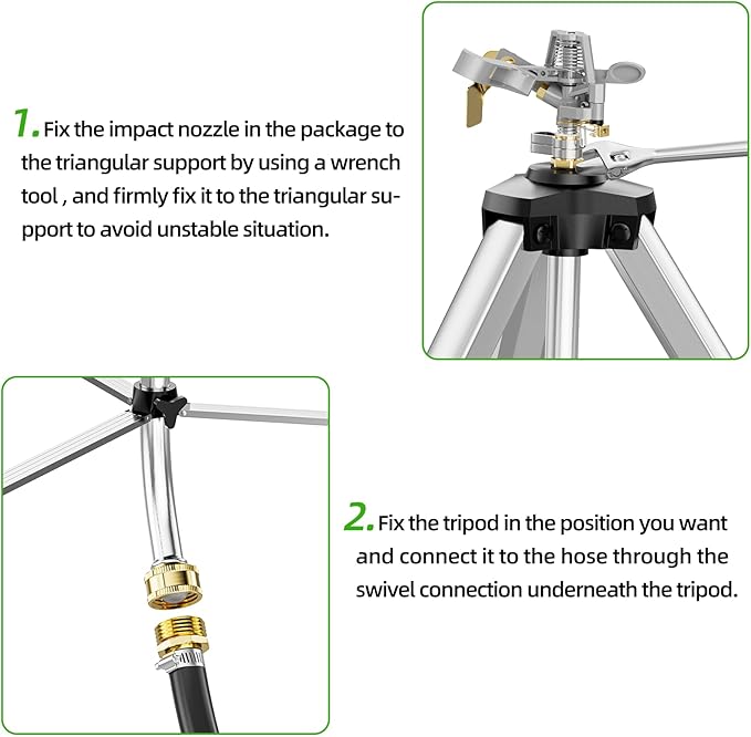 Brass Impact Sprinkler on Tripod Base, 50” Heavy Duty Metal Pulsating Telescoping Sprinkler, 360 Degree Irrigation for Large Area, Yard, Lawn, Waters up to 90ft, Covering up to 6360sqft