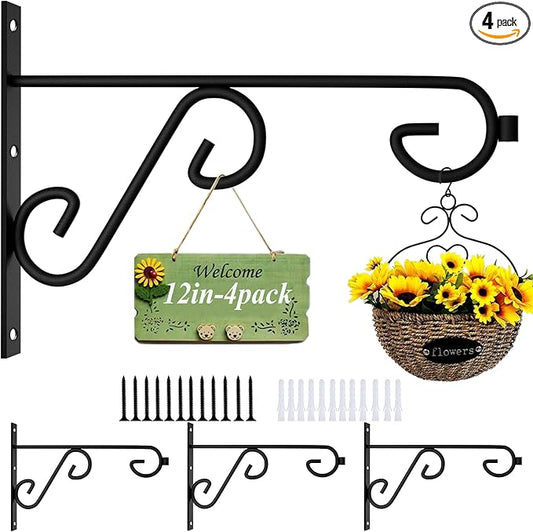 Plant Hanger Hook 4 Pack Hanging Basket Hooks,12in Metal Plant Wall Hanger,Plant Bracket Hook for Hanging Flower Baskets,Outdoor & Indoor Plant Hook Black