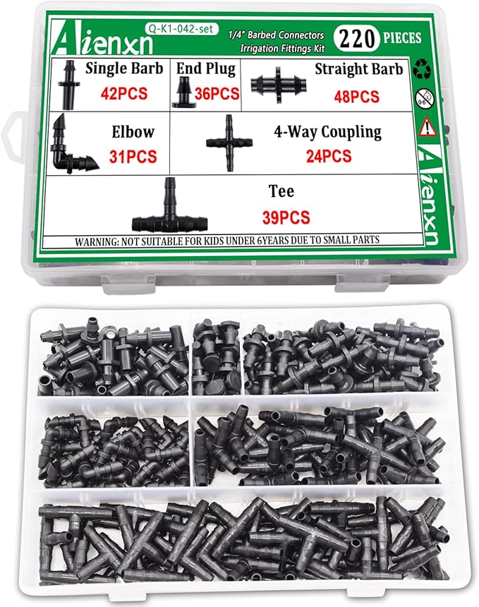220PCS 1/4" Drip Irrigation Kit Barbed Connectors, Straight Barb, Tee, Single Barb, End Plug, Elbow, 4 Way Coupling Irrigation Fittings for Garden Lawn Flower Pot