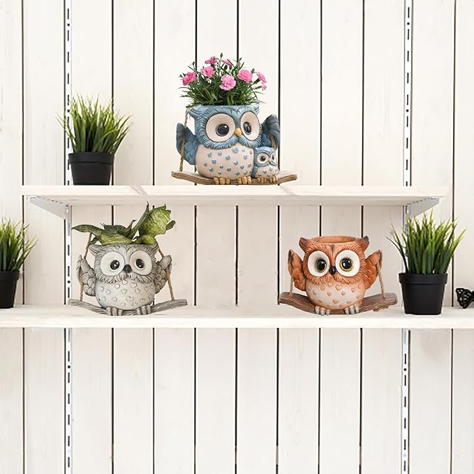 Swing Owl Hanging Planters for Indoor Plants, Cute Small Succulent Pots with Drainage Hole, Unique Resin Plant Hangers Outdoor, Hanging Plant Holder for String Of Pearls, Gift Ideas for Mother