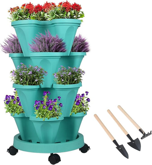 Vertical Planter 4 Tier Stackable Planters Garden Planters Strawberry Herb Flower and Vegetable Planter Indoor Outdoor Gardening Pots with Removable Wheels and Tools