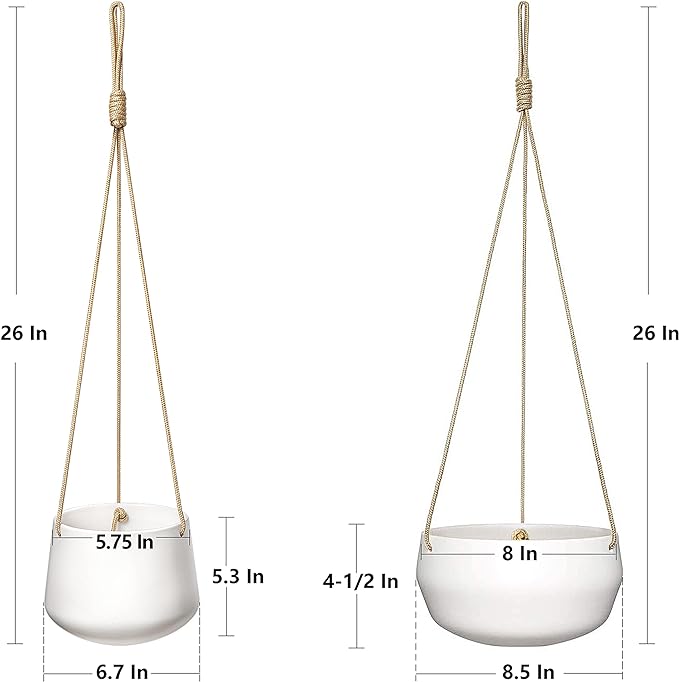 Mkono Ceramic Hanging Planter of Shallow 8 Inch and Deep 6 Inch for Indoor Outdoor Plants, Set of 2 Modern Plant Pot Geometric Porcelain Hanging Basket with Polyester Rope Hanger