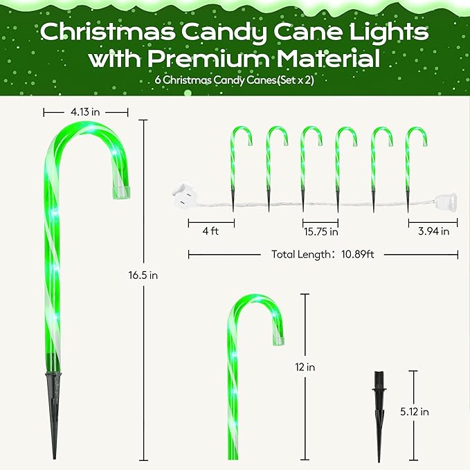 Christmas Candy Cane Lights 12Pcs Christmas Pathway Lights with 72 Count Incandescent Green Lights, Connectable 12 Inch Pathway Makers Lights for Indoor Outdoor Walkway Patio Yard Lawn Decorations