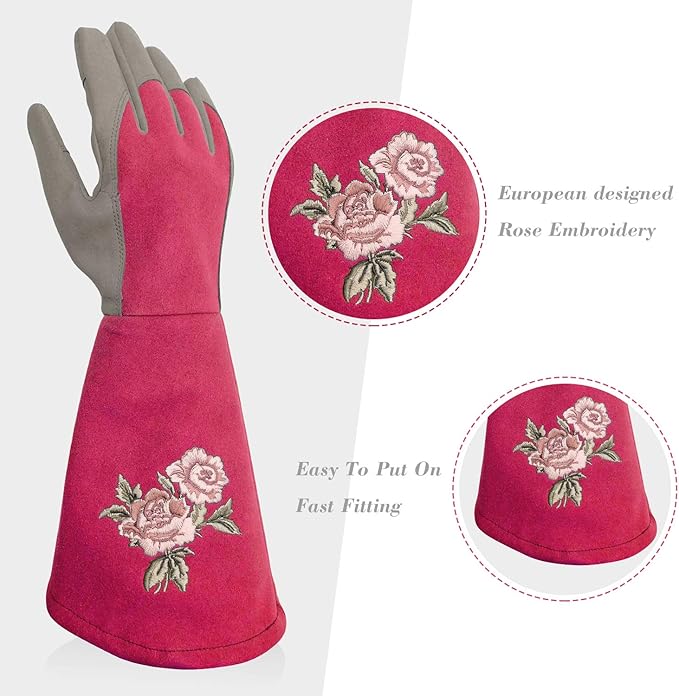 Rose Pruning Gloves Thorn Proof, Embroidery Leather Gardening Gloves with Extra Long Forearm Protection