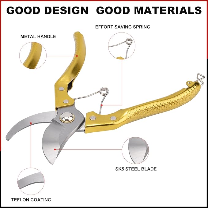 Tree Trimmers Secateurs, Hand Pruner, Garden Scissors for Plant,Pruning Shears for Gardening, Garden Hand Shears, Pruners for Gardening, Garden Clippers, Hedge Shears, Garden Tools (golden)