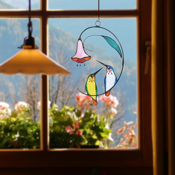 Lolitarcrafts Hummingbird with Flower Stained Glass Suncatcher Bird Stained Glass Window Hangings Hummingbird Gift for Home Decor (Green and Blue)
