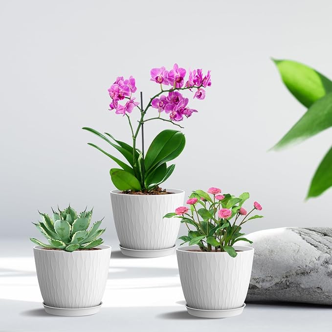 6 inch Plant pots, 12 Pack Modern Plastic Planters with Drainage Holes and Saucers for Repotting Indoor Plants and Flowers, White