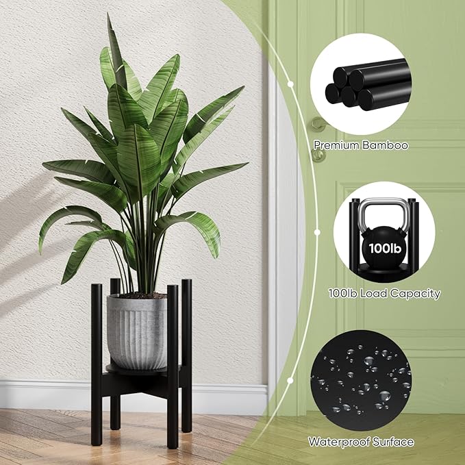 2 Pack Adjustable Plant Stand, Bamboo Plant Stand Indoor with Tray, Wood Plant Stand for 8 to 12 inches Flower Pots, Single Mid-Century Modern Plant Stand for Indoor Plants, Black