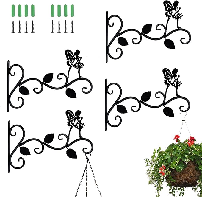 Hanging Plants Bracket 12" Angel Planter Outdoor Hooks Hangers for Flower Baskets Pot Bird Feeder Wind Chimes Lanterns Patio Garden Outdoor Indoor Metal Black, 4 Pack
