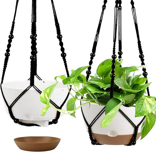 Hanging Planter Self Watering 10 Inch, 2 Pack Indoor Outdoor Hanging Baskets, Hanging Flower Pots with Drainage Hole & 2 Kinds of Plant Hangers for Garden Home Decor(Black Hanger