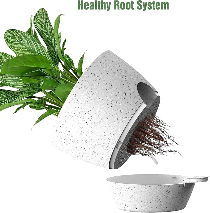 WOUSIWER 10 inch Self Watering Planters, 2 Pack Large Plastic Plant Pots with Deep Reservior and High Drainage Holes for Indoor Outdoor Plants and Flowers, Speckled White