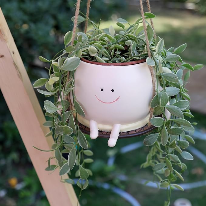 Hanging Swing Chair Planter Pot Smiley Face Planter for Indoor Outdoor Plant Cute Head Resin Flower Pots for String of Pearls Plant Live Unique Gift IdeaI for Mother Day, Christmas (Large)