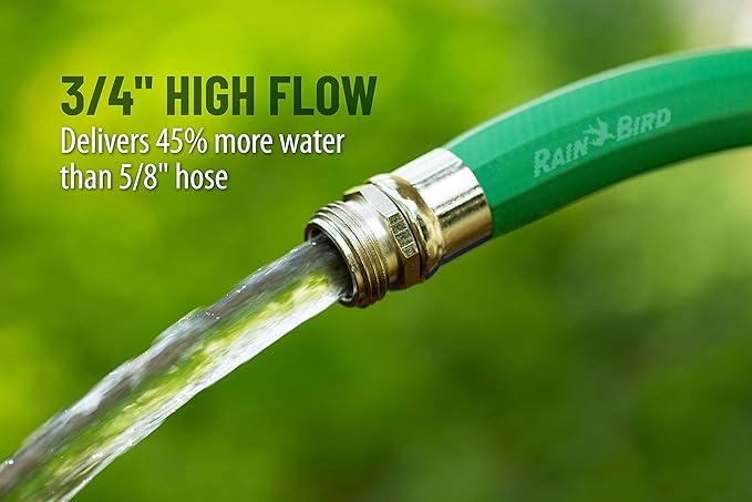 Rain Bird PGH75HF Premium High-Flow Garden Hose, Heavy-Duty 100% EDPM Rubber, Hexagonal, 3/4" Inside Diameter x 75' Long, Green