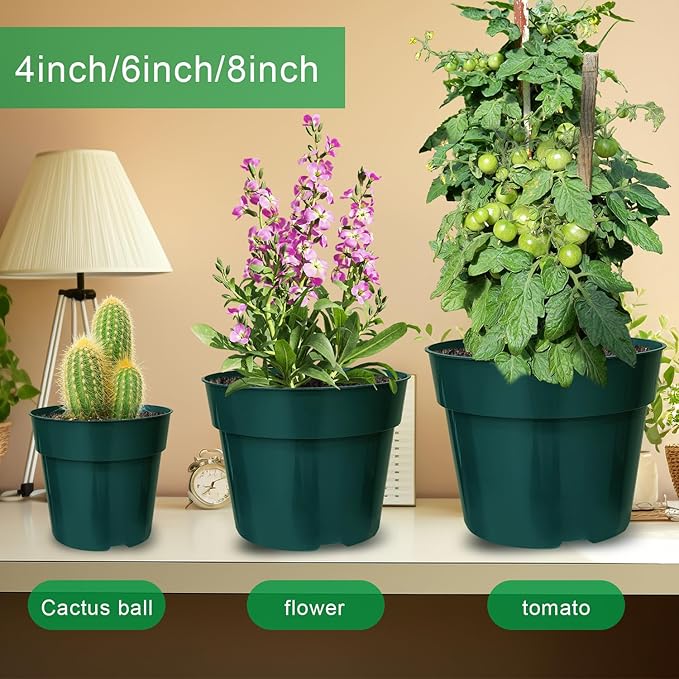 15 Pack 4/6/8 Inch Plant Nursery Pots, Thickened Plastic Pots for Plants with Drainage Holes, Sturdy Seedling Pots, Seed Starting Pots, Flower Pots for Indoor Outdoor Plants, Green