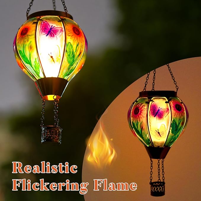 Hot Air Balloon Solar Lantern, Butterfly Solars Powered Hot Air Balloon Lantern Outdoor Waterproof, Glass Hanging Hots Air Balloons Solar Light for Outdoor Patio Garden Decor