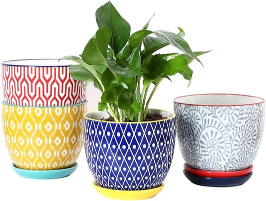 Selamica Ceramic Plant Pots, 5.6 Inch Flower Pots for Indoor Plants, Planters with Drainage Hole and Saucer, Garden Pots for Succulent, Orchid, Home Decor, Set of 4, Assorted Colors