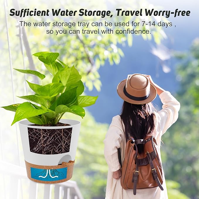 Ynnico10 inch Plant Pots, Self-Watering Planters with Drainage Holes & Saucers for Indoor and Outdoor Plants (2-Pack,White