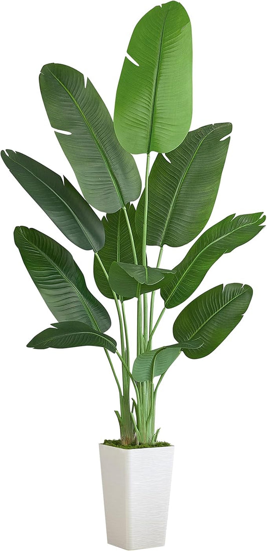 Lifelike Bird of Paradise Silk Artificial Plant Faux Banana Leaf Tree for Home Decor - Perfect Indoor Floor Plant with 9 Trunks (1, White Tall Planter, 6.6 FT)