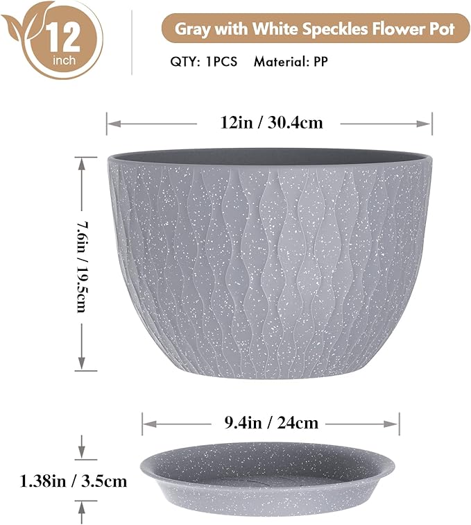 12 Inch Wide Water Ripples Flower Pots for Indoor or Outdoor Plants, Large Plant Pots with Drainage Holes & Saucer, Plastic Planters Set for Garden & Home Decor (Grey with White Speckles)