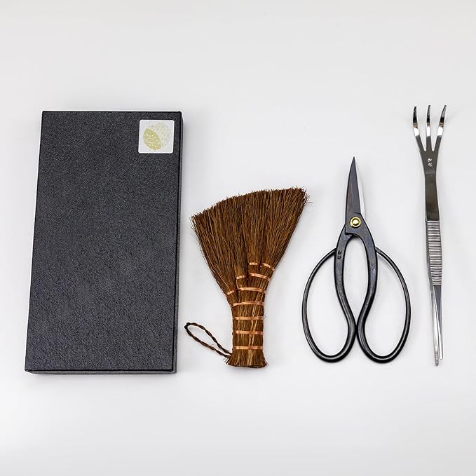Wazakura Japanese Bonsai Garden 3PCS Tool Starter Kit, Made in Japan, Traditional Bonsai Scissors, Stainless Tweezers with Rake, Chinese Broom. Beginner Set wit Tweezers, Shears and Brush