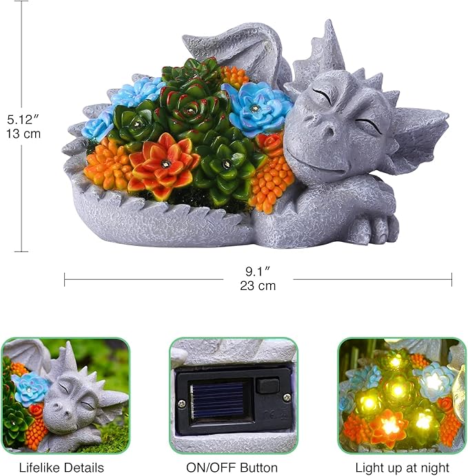 Solar Dragon Statue with Succulent Lights - Dragon Garden Sculptures & Statues,Garden Decor for Outdoor Yard Art Ornaments 9.1inch (Gray)