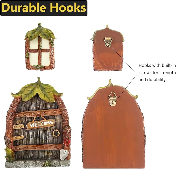 Miniature Fairy Garden Accessories Fairy Door and Windows for Trees, Glow in The Dark Yard Garden Sculpture Lawn Ornament Mini Garden Art Outdoor Decor Accessories with Lantern